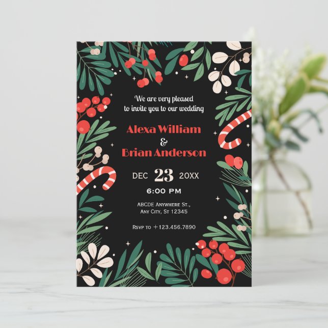 Black floral christmas wedding invitation (Standing Front)