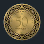 Black Floral Circle 50th Wedding Anniversary 10 Cm Round Badge<br><div class="desc">Black ornate floral circle on gold tones background,  customisable gold wedding Anniversary. Celebrating 50 years of happy memories customisable text.</div>
