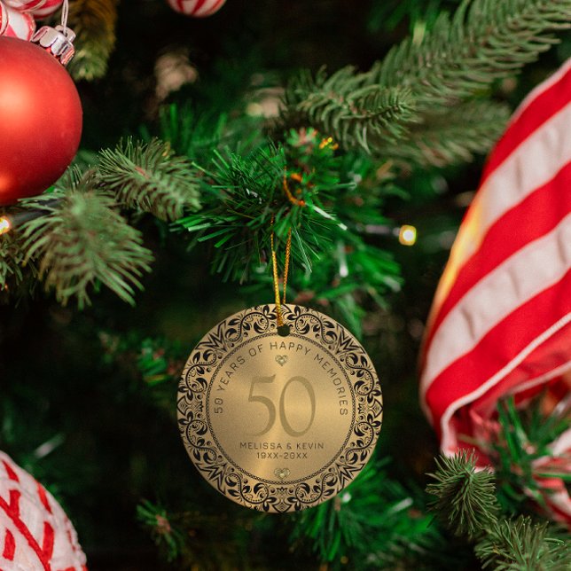 Black Floral Circle 50th Wedding Anniversary Ceramic Tree Decoration (Creator Uploaded)