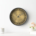 Black Floral Circle 50th Wedding Anniversary Clock<br><div class="desc">Black ornate floral circle on gold tones background,  customisable gold wedding Anniversary. Celebrating 50 years of happy memories customisable text.</div>