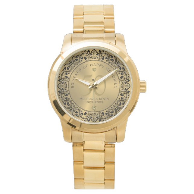 Black Floral Circle 50th Wedding Anniversary Watch (Front)