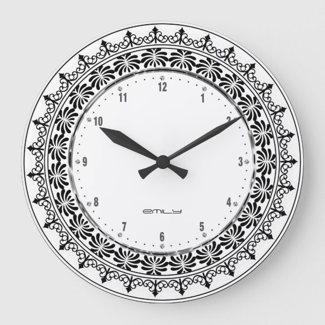 Black Floral Circle Lace Large Clock (Front)