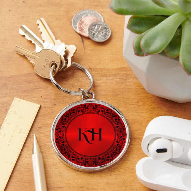 Black Floral Circle Metallic Red Background Key Ring (Desk)