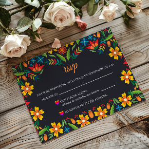 Black Floral Colorful Botanical Spanish Wedding RSVP Card