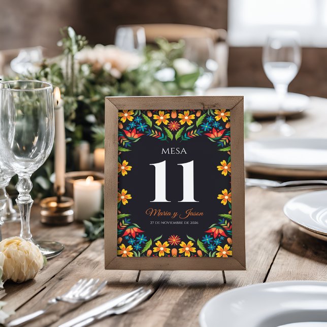 Black Floral Colorful Botanical Spanish Wedding Table Number (Black Floral Colorful Botanical Spanish Wedding Table Number)