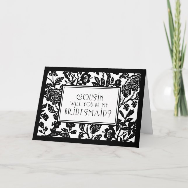 Black Floral Cousin Bridesmaid Invitation Card (Front)