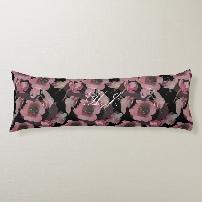 Black Floral Custom Initials Body Pillow (Front)