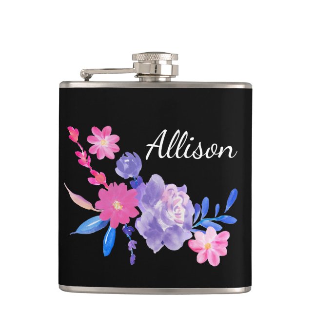 Black Floral Custom Monogram Flask (Front)