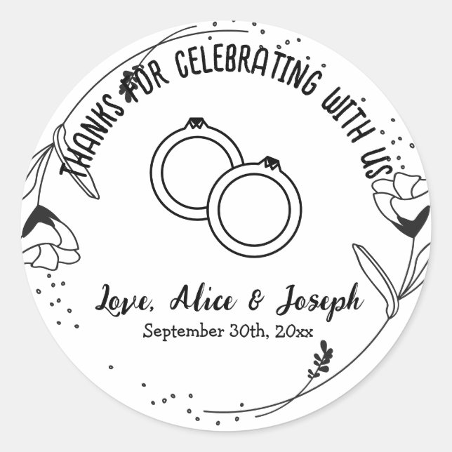 Black Floral Custom Thank You Wedding Favour Classic Round Sticker (Front)