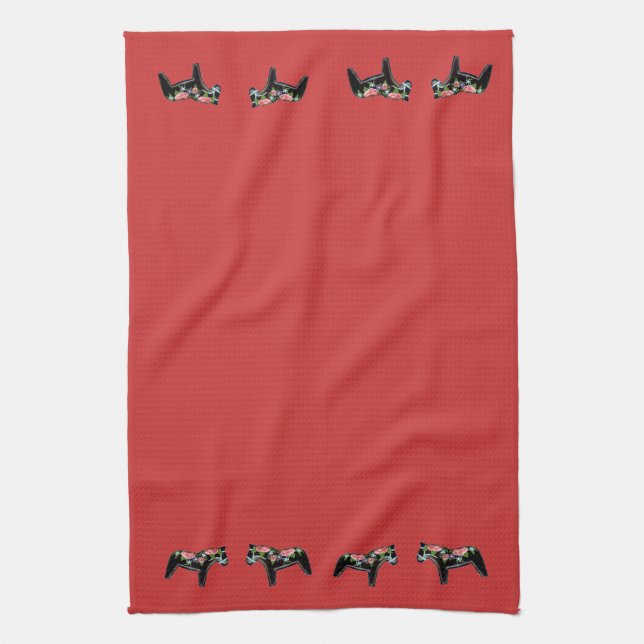 Black Floral Dala Horse MoJo Kitchen towel (Vertical)