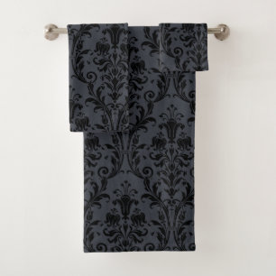 Black Floral Damask On Charcoal Gray Bath Towel Set
