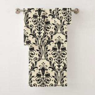 Black Floral Damask On Creamy Beige Vanilla Bath Towel Set