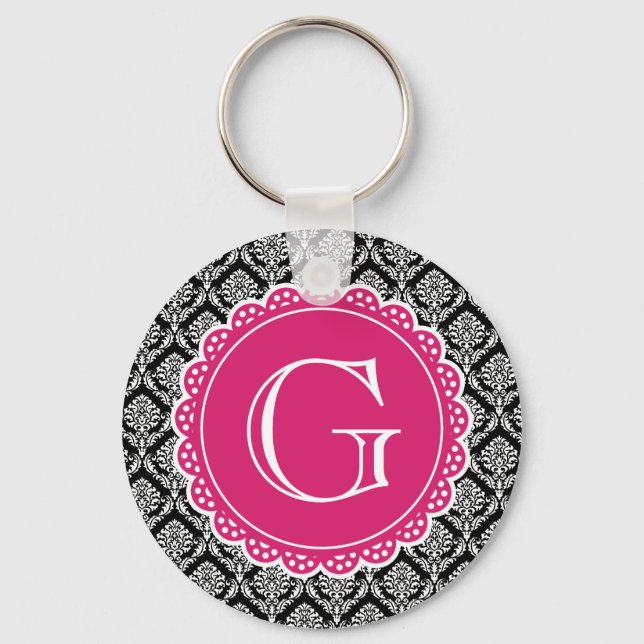 Black Floral Damask Pattern Hot Pink Monogram Key Ring (Front)