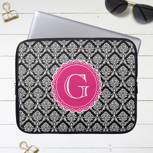 Black Floral Damask Pattern Hot Pink Monogram Laptop Sleeve