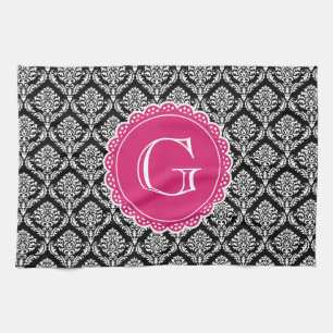 Black Floral Damask Pattern Hot Pink Monogram Tea Towel
