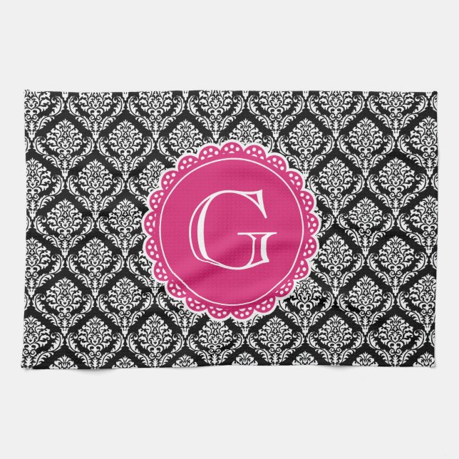 Black Floral Damask Pattern Hot Pink Monogram Tea Towel (Horizontal)