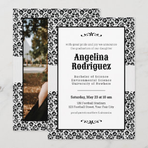 Black Floral Damask Photo Graduation Invitation