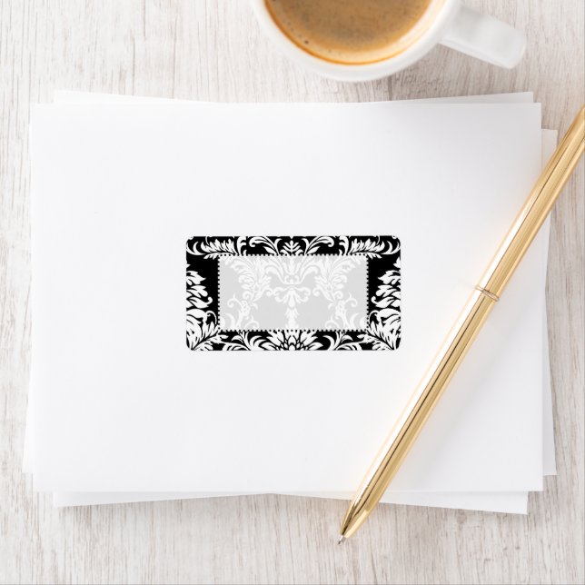 Black Floral Damask Red Font Return Address Label (Insitu)