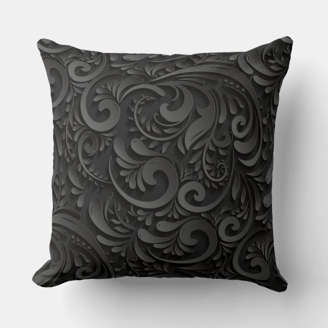 Black Floral/Damask Reversisble Decorative Pillow (Front)