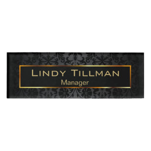 Black Floral Damask with Gold Accents Name Tag