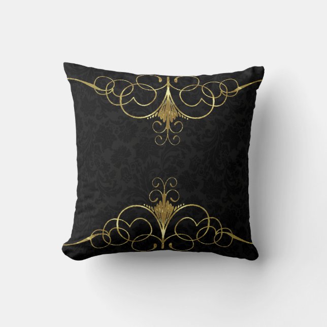 Black Floral Damasks & Gold Swirly Frame Cushion (Front)