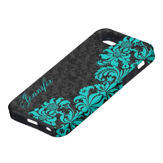 Black Floral Damasks With Blue-Green Lace Case-Mate iPhone Case (Bottom)