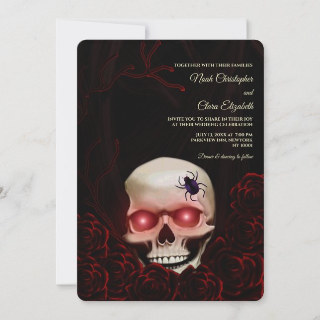 Black floral dark moody gothic skull halloween invitation (Front)
