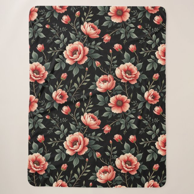 Black Floral Dream Sherpa Blanket (Front)