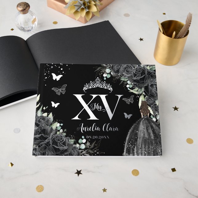 Black Floral Dress Butterflies Silver Quinceañera  Guest Book (Front Open)