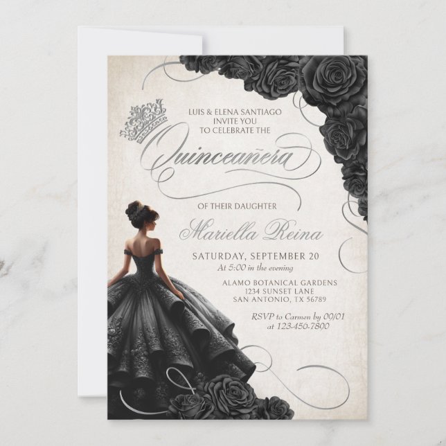 Black Floral Dress Quinceañera Invitation (Front)