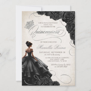 Black Floral Dress Quinceañera Invitation