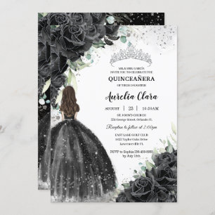 Black Floral Dress Silver Quinceañera Sweet 16 XV Invitation