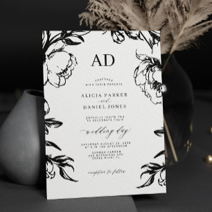 Black floral elegant wedding invitation