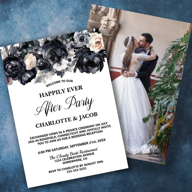 Black Floral Elopement Wedding Photo Reception Invitation (Creator Uploaded)
