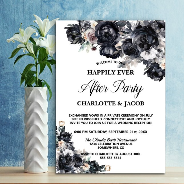 Black Floral Elopement Wedding Reception Invitation (Creator Uploaded)