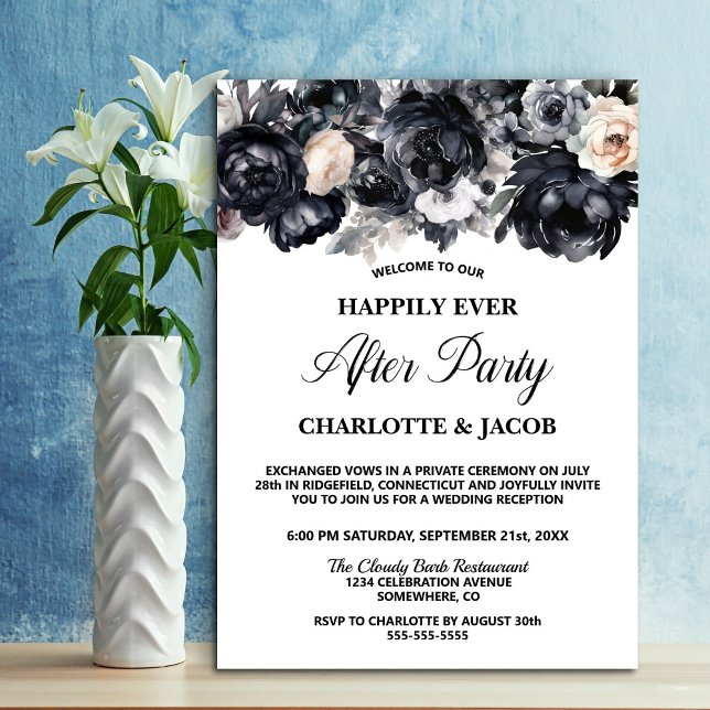 Black Floral Elopement Wedding Reception Invitation (Creator Uploaded)