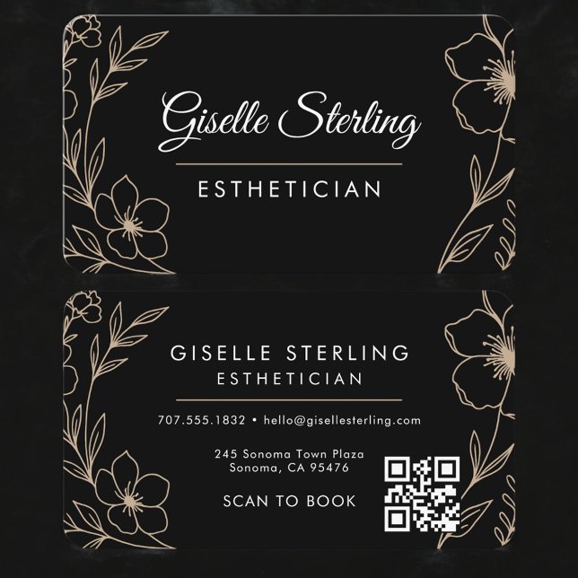 Black Floral Esthetician QR Code Business Card (Creator Uploaded)