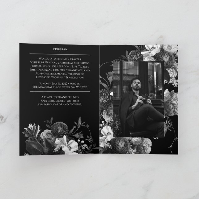 Black Floral Folded Funeral Memorial Program Programme (Inside)