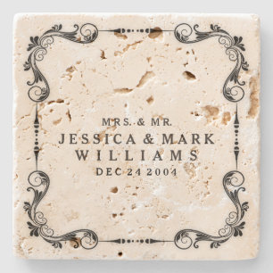 Black Floral Frame Customisable Wedding Gift Stone Coaster