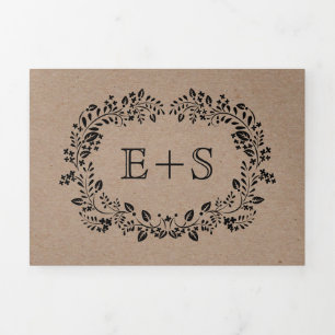 Black floral frame with initials wedding Tri-Fold invitation
