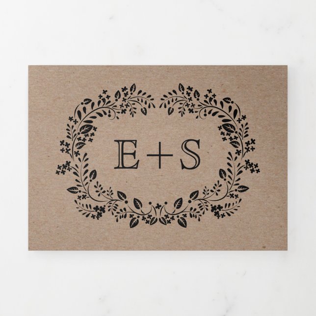 Black floral frame with initials wedding Tri-Fold invitation (Cover)