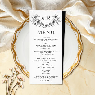 Black floral frame with monogram wedding menu card