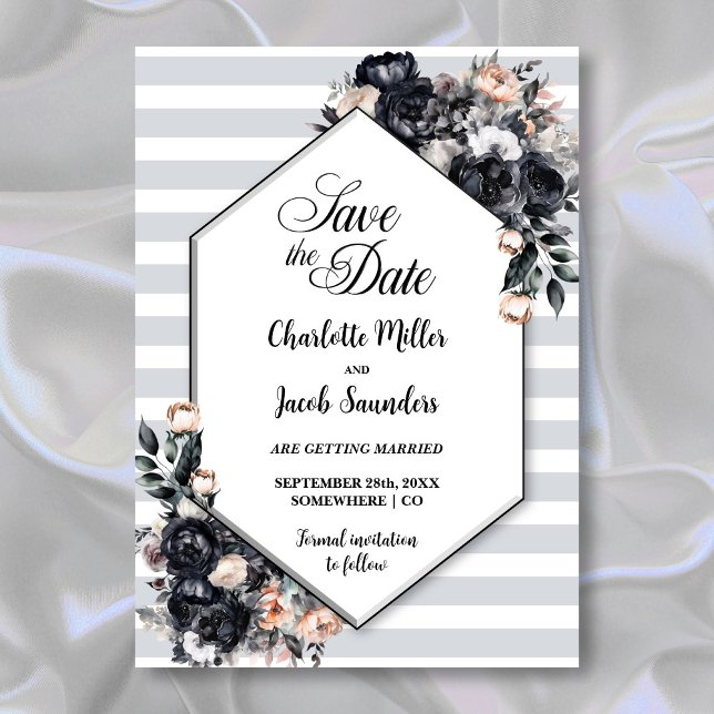 Black Floral Geometric Striped Wedding Save The Date (Creator Uploaded)