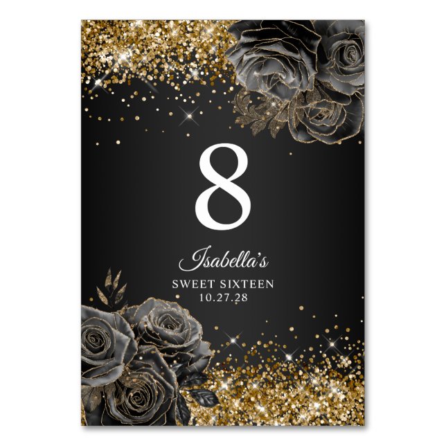 Black Floral Glam Gold Glitter Sweet Sixteen Table Number (Front)