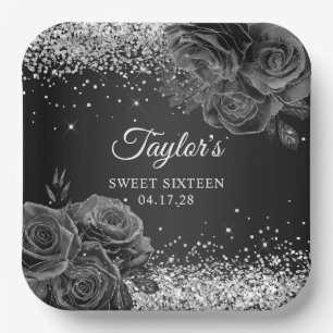 Black Floral Glam Silver Glitter Sweet Sixteen Paper Plate