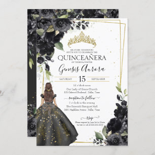 Black Floral Gold Accent Elegant Quinceanera Invit Invitation