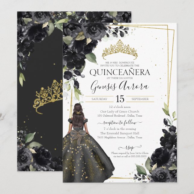Black Floral Gold Accent Elegant Quinceanera Invitation (Front/Back)