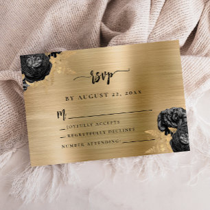 Black Floral Gold Brushed Metal Wedding RSVP Enclosure Card