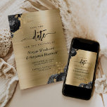 Black Floral Gold Glam Wedding Save the Date Invitation<br><div class="desc">This elegant wedding save the date card features black floral bouquets set off with gold faux foil greenery in two corners,  on a gold fauxbrushed metal background. The customizable text combines black serif,  italic and handwriting fonts. The reverse side features a matching black and gold floral design.</div>