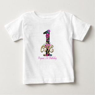 Black Floral Gold Glitter ONE 1 1st Birthday Party Baby T-Shirt